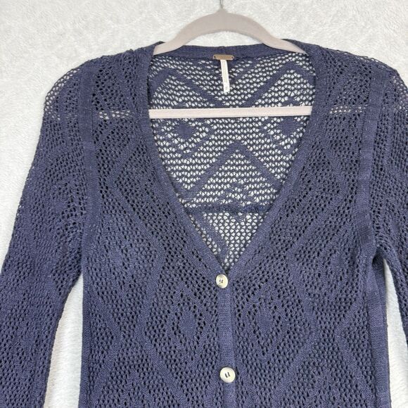 Free People Cutie Booty Crochet Cardigan Sweater M Blue Boho Y2K Elena Gilbert - Picture 4 of 12